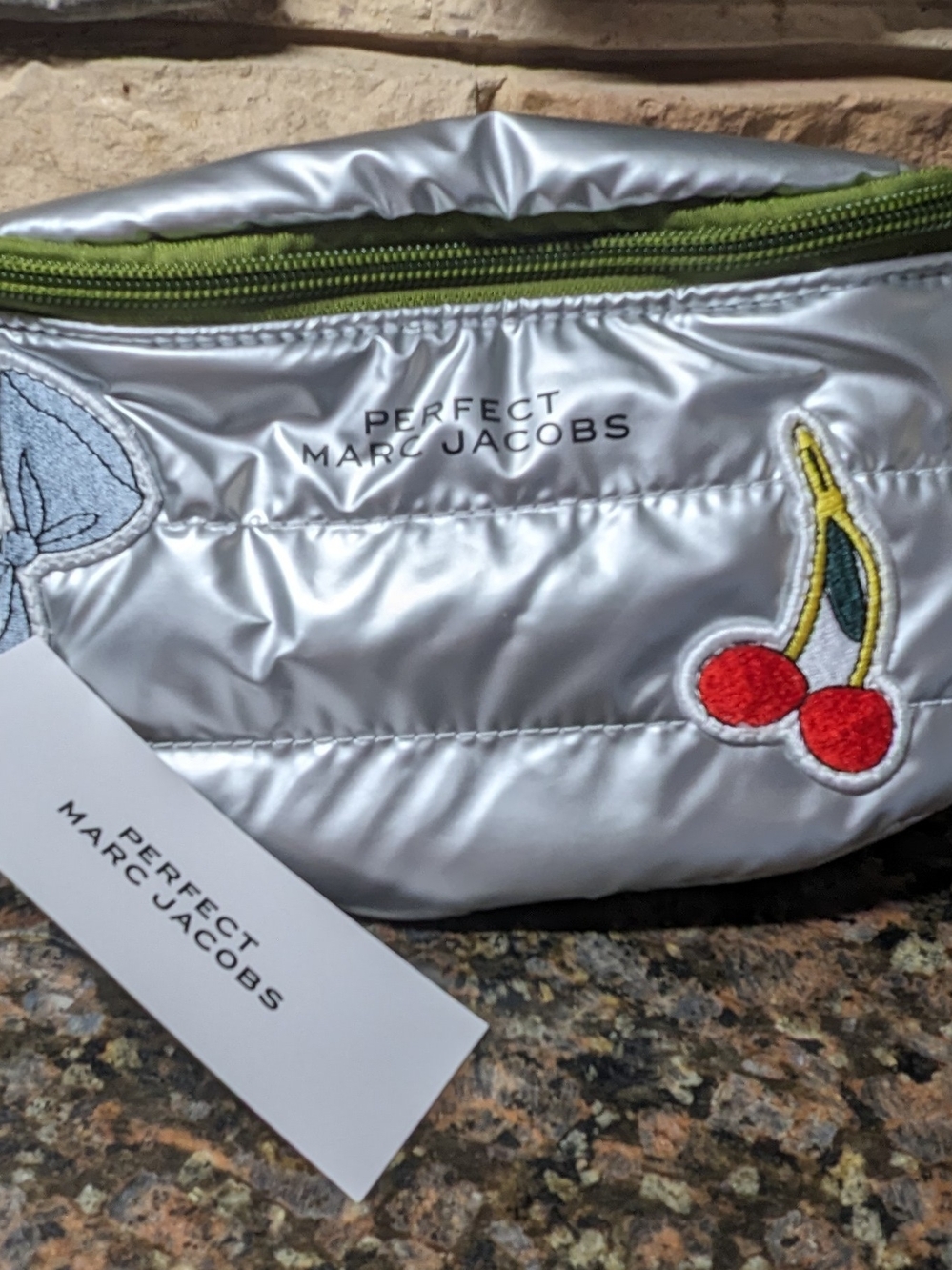 🍒Marc Jacobs Metallic Silver Quilted Belt Bag with Cherry Patch. ⭐Price Is Firm